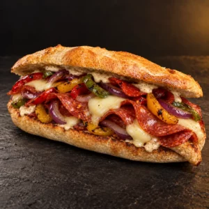 Paninazu au salami piquant, scamorza, poivrons et oignons rouges dans notre pain maison