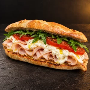 Paninazu au jambon de poulet, stracciatella, tomate et roquette dans notre pain maison