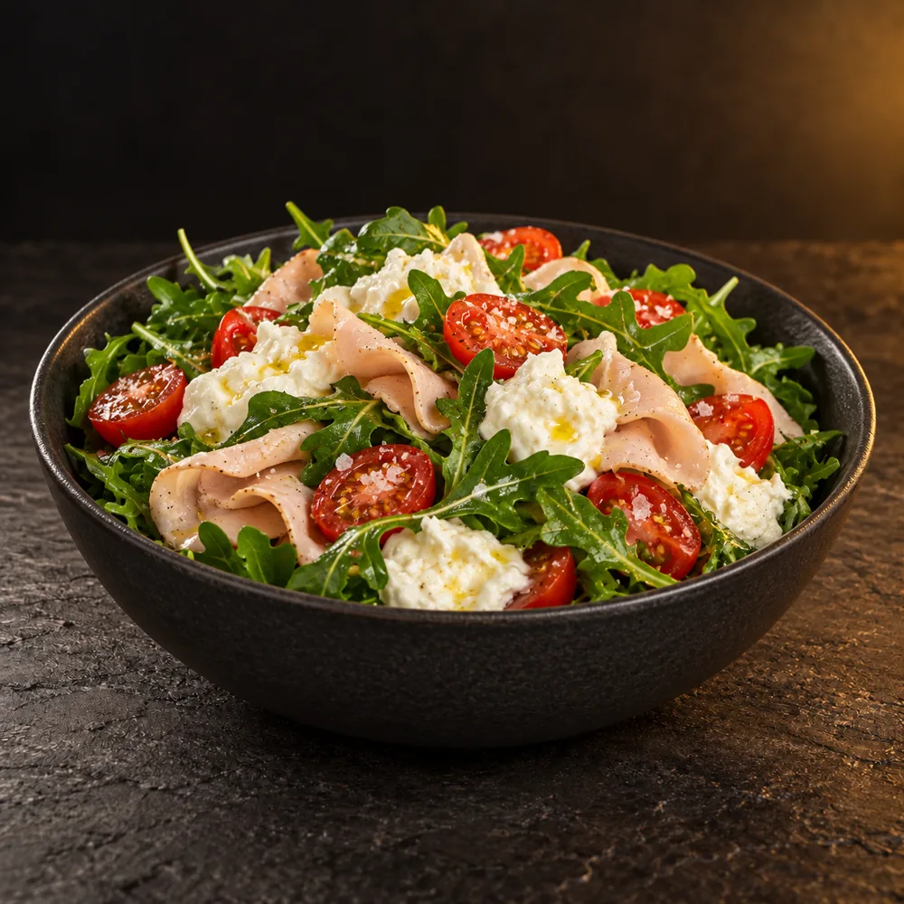 Salade de roquette, tomates cerises, jambon de poulet et stracciatella